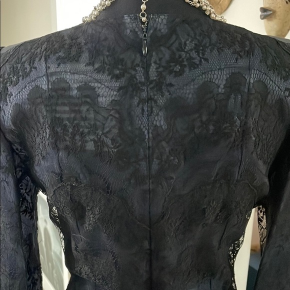 Elegant Lace Midi Dress Sweetheart Neckline Long Sleeve Sheer Satin Navy Blue M - Picture 5 of 16